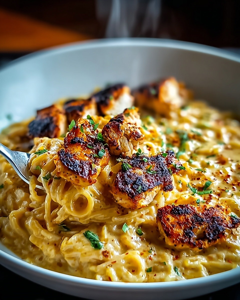 A close-up of a creamy pasta dish in a white bowl with a smooth, white marbled texture under it, showing one layer of creamy, light yellow pasta coated in sauce, topped with several pieces of golden-brown, grilled chicken with crispy edges and a slightly charred texture. Small green herbs are sprinkled on top, adding contrast, with steam rising softly from the warm food. A metal fork is partially visible, inserted into the pasta. Photo taken with an iphone --ar 4:5 --v 7