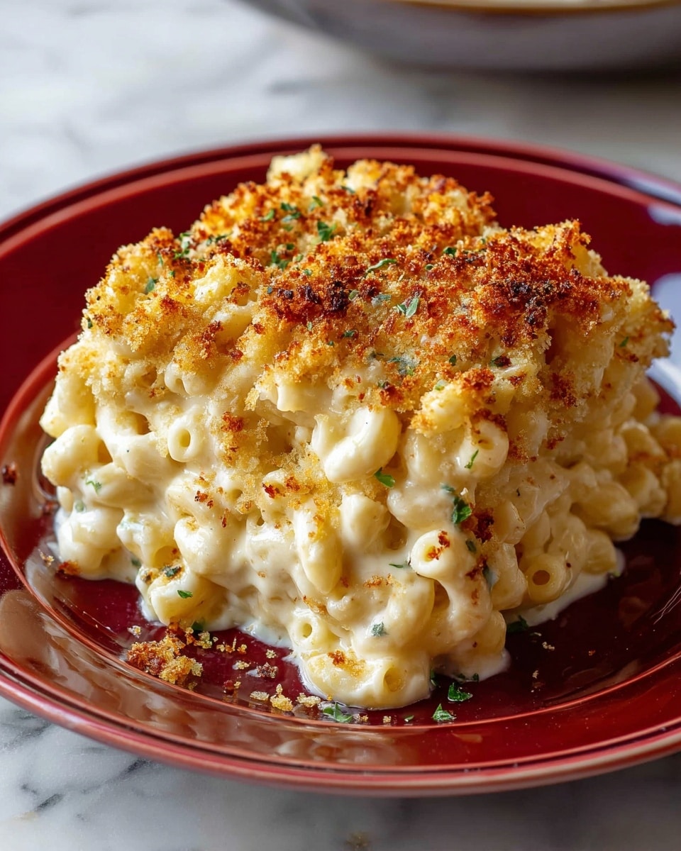A mound of creamy macaroni and cheese sits on a shiny white plate with a deep red interior, showing three layers: the bottom layer has light golden cooked elbow macaroni, the middle layer is thick and smooth white cheese sauce covering the pasta fully, and the top layer is a golden-brown crispy breadcrumb crust with some small burnt spots and bits of green herbs scattered around. Some crumbs have fallen onto the edge of the plate. A white marbled surface can be seen under the plate. Photo taken with an iphone --ar 4:5 --v 7