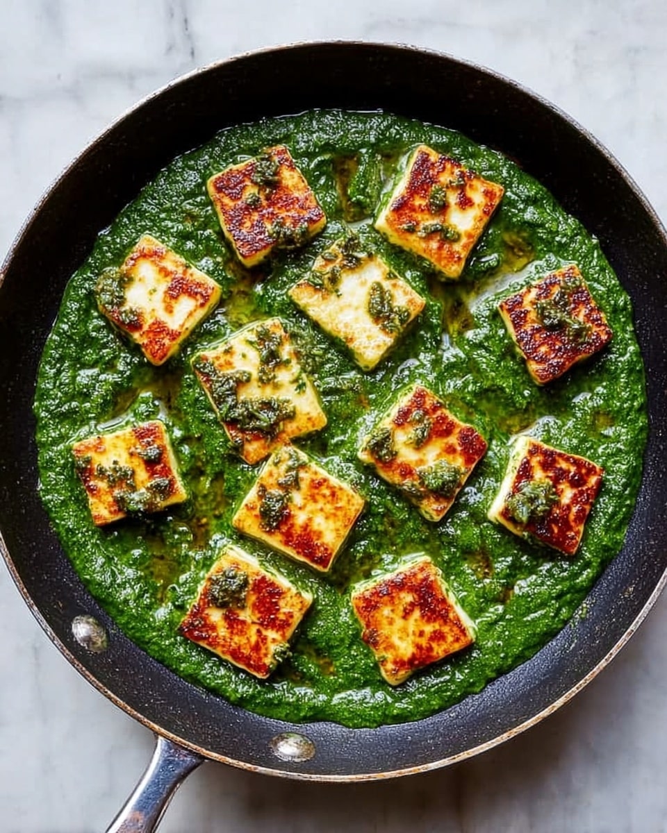 A round black pan filled with a thick, bright green spinach sauce that covers the whole bottom. On top, around fifteen small square pieces of golden brown pan-fried cheese are scattered evenly, each piece showing a crispy, toasted surface with some green herb bits on them. The sauce looks smooth but slightly textured with small herb pieces, with a little oil glistening on top. The pan sits on a white marbled surface. Photo taken with an iphone --ar 4:5 --v 7