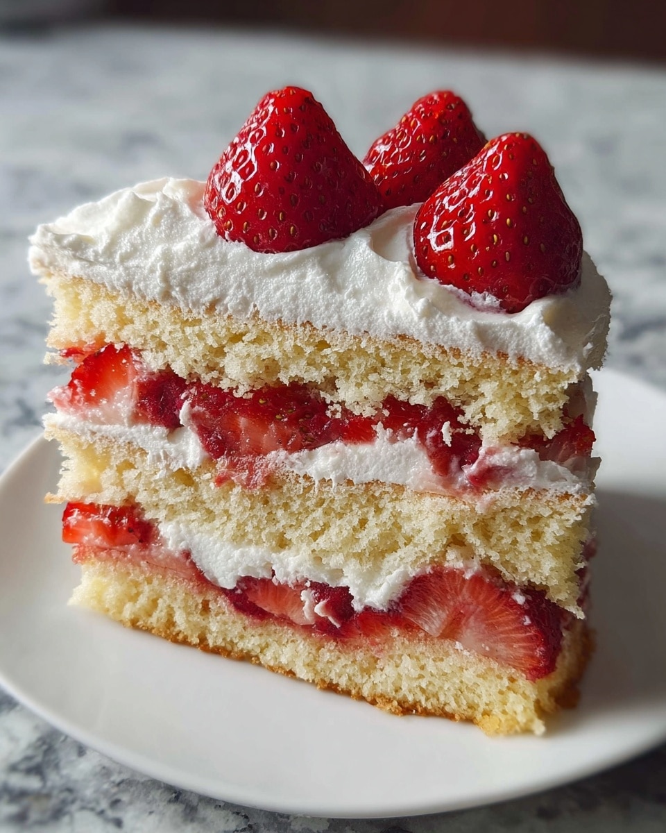 A slice of layered strawberry shortcake is shown on a white plate, placed on a white marbled surface. The slice has three layers: the bottom and top layers are light golden sponge cake with a soft, airy texture. Between them, there are two layers of white whipped cream mixed with sliced red strawberries, evenly spread. The top is covered with a thick layer of whipped cream and decorated with three whole bright red strawberries placed in a row. The texture of the cake looks moist and fluffy, and the strawberries add a fresh, juicy contrast. Photo taken with an iphone --ar 4:5 --v 7