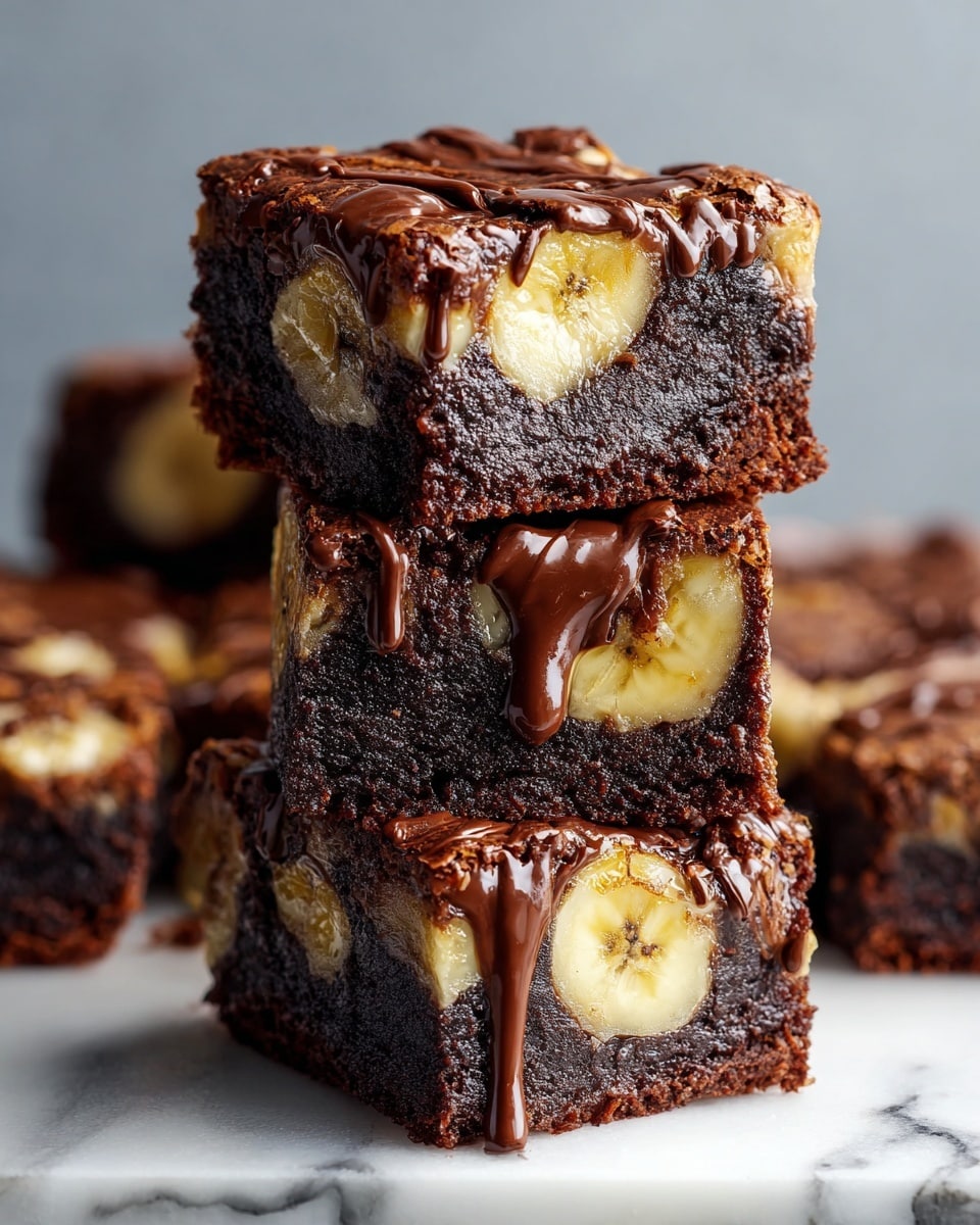 A stack of three thick, square brownies, each showing a dense, dark brown chocolate layer with chunks of soft, light yellow banana embedded in the middle and on top. The top of each brownie is drizzled with melted chocolate that looks glossy and smooth, dripping slightly over the edges. The brownies are placed on a white marbled surface, with more brownies blurred in the background, showcasing a rich, moist texture. photo taken with an iphone --ar 4:5 --v 7