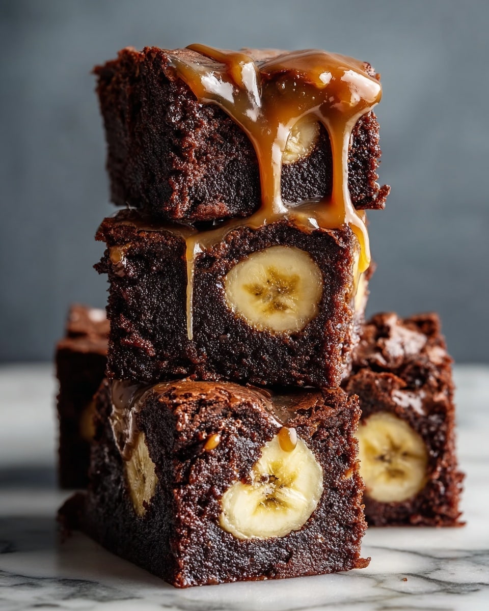 A close-up of four stacked chocolate brownies with visible banana slices inside each piece, the brownies are dark and dense with a moist texture; the top brownie has a smooth layer of melted caramel sauce dripping down the sides. The banana slices are bright yellow with brown centers, contrasting with the rich brown color of the brownies. The stack is placed directly on a white marbled surface with a blurred gray background. photo taken with an iphone --ar 4:5 --v 7
