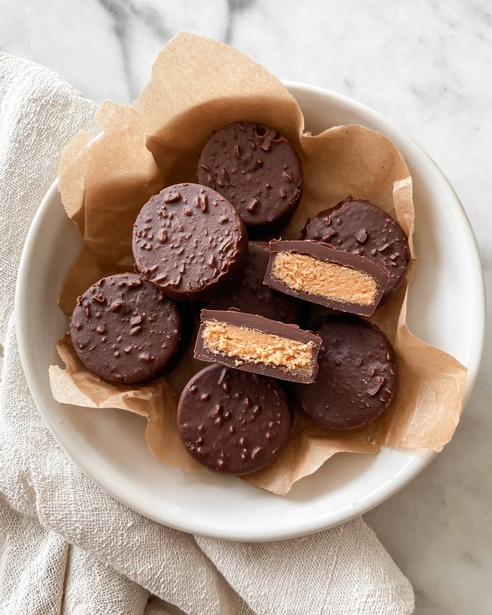 A white bowl lined with light brown parchment paper holds seven round chocolate treats, six whole and one cut in half to show the inside. Each treat has a rough, bumpy dark brown chocolate outer layer with a slightly shiny surface. The inside reveals two layers: a smooth light brown peanut butter filling in the center and a thin chocolate coating around it. The bowl sits on a white marbled surface, next to a soft white textured cloth. Photo taken with an iphone --ar 4:5 --v 7
