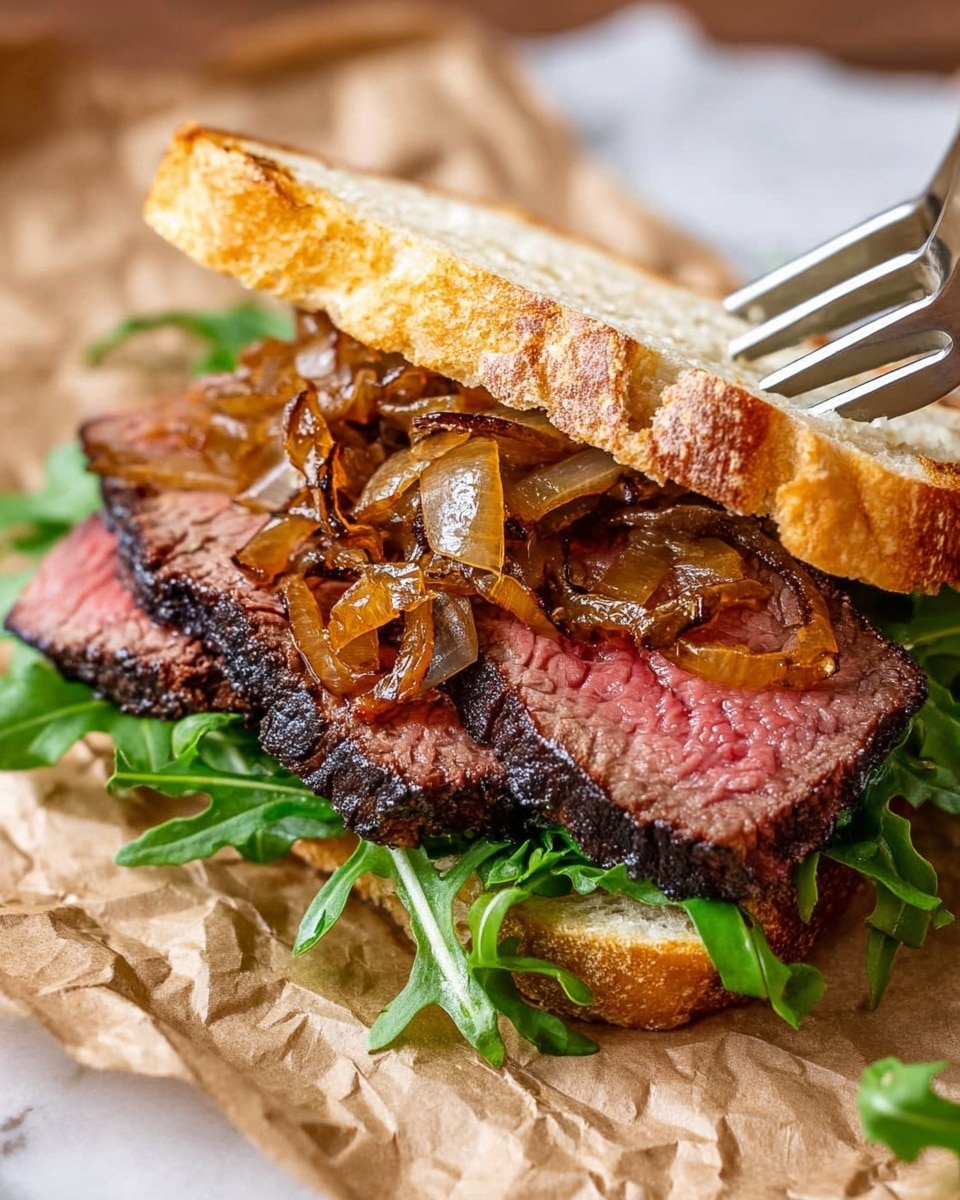 The image shows a sandwich with three main visible layers on a piece of crumpled brown paper resting on a white marbled surface. The bottom layer is fresh green arugula leaves that add a pop of color and texture. On top of the greens is a thick slice of medium-rare steak, showing a pink center with a charred, dark brown crust. The top layer consists of glossy, cooked caramelized onions being added with metal tongs. The sandwich is open-faced with the top half of toasted white bread, light golden with a slightly rough texture, resting behind the meat and onions. Photo taken with an iphone --ar 4:5 --v 7