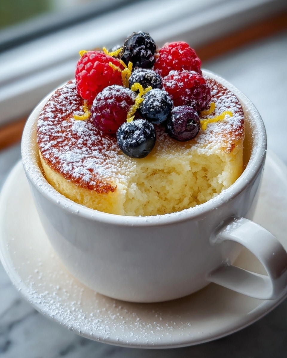A white cup filled with a soft, light yellow cake that has a browned top layer textured with powdered sugar. On top, there is a small pile of fresh berries, including bright red raspberries, deep purple blackberries, and dark blue blueberries, all sprinkled lightly with powdered sugar and some thin yellow zest strands. Part of the cake has a bite taken out, showing the fluffy and moist inside. The cup sits on a matching white saucer, all placed on a white marbled surface near a window. photo taken with an iphone --ar 4:5 --v 7