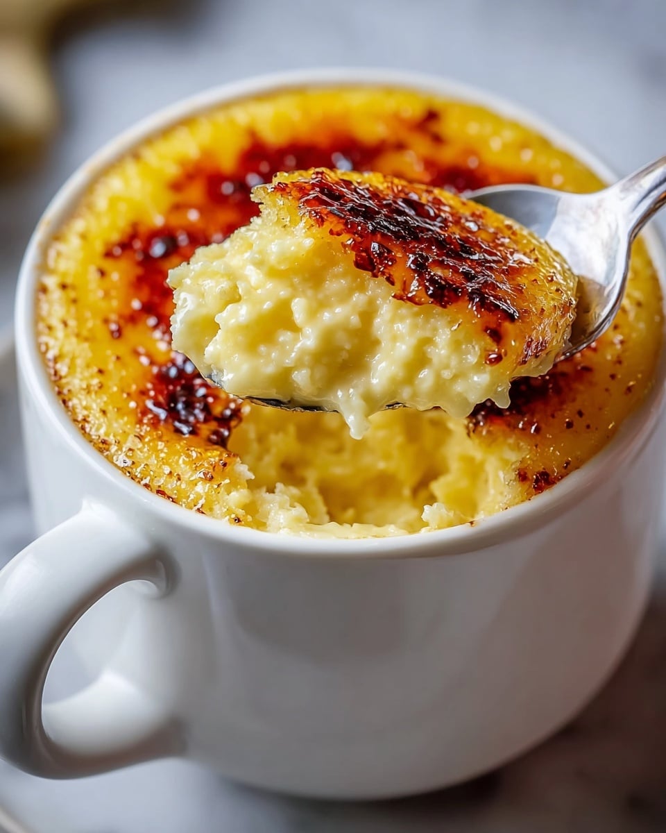 This image shows a white mug filled with a creamy yellow dessert that has a lightly browned and caramelized top layer. A spoon lifts a portion of the dessert, revealing its soft, fluffy texture inside with small air pockets. The top caramelized layer is glossy with a rich amber color and some dark brown spots, suggesting it was torched or broiled. The dessert layers include a thick base of smooth creamy yellow mixture with the shiny crispy caramelized sugar crust on top. The background is softly blurred to focus on the mug and spoon, all set on a white marbled texture surface. Photo taken with an iphone --ar 4:5 --v 7