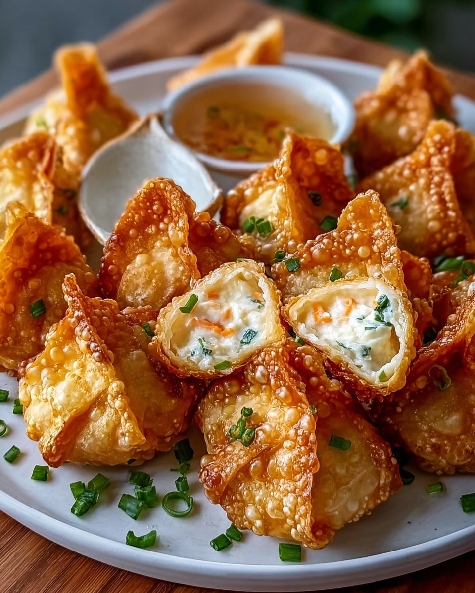 A white plate filled with golden brown fried dumplings that have a crispy, bubbly texture and are folded at the top into small points. One dumpling is cut open, showing a creamy white filling mixed with small bits of green herbs and orange carrot pieces. The dumplings are scattered with chopped green onions, and a small white bowl of dipping sauce sits at the back of the plate. The plate rests on a wooden surface with a blurred background. photo taken with an iphone --ar 4:5 --v 7