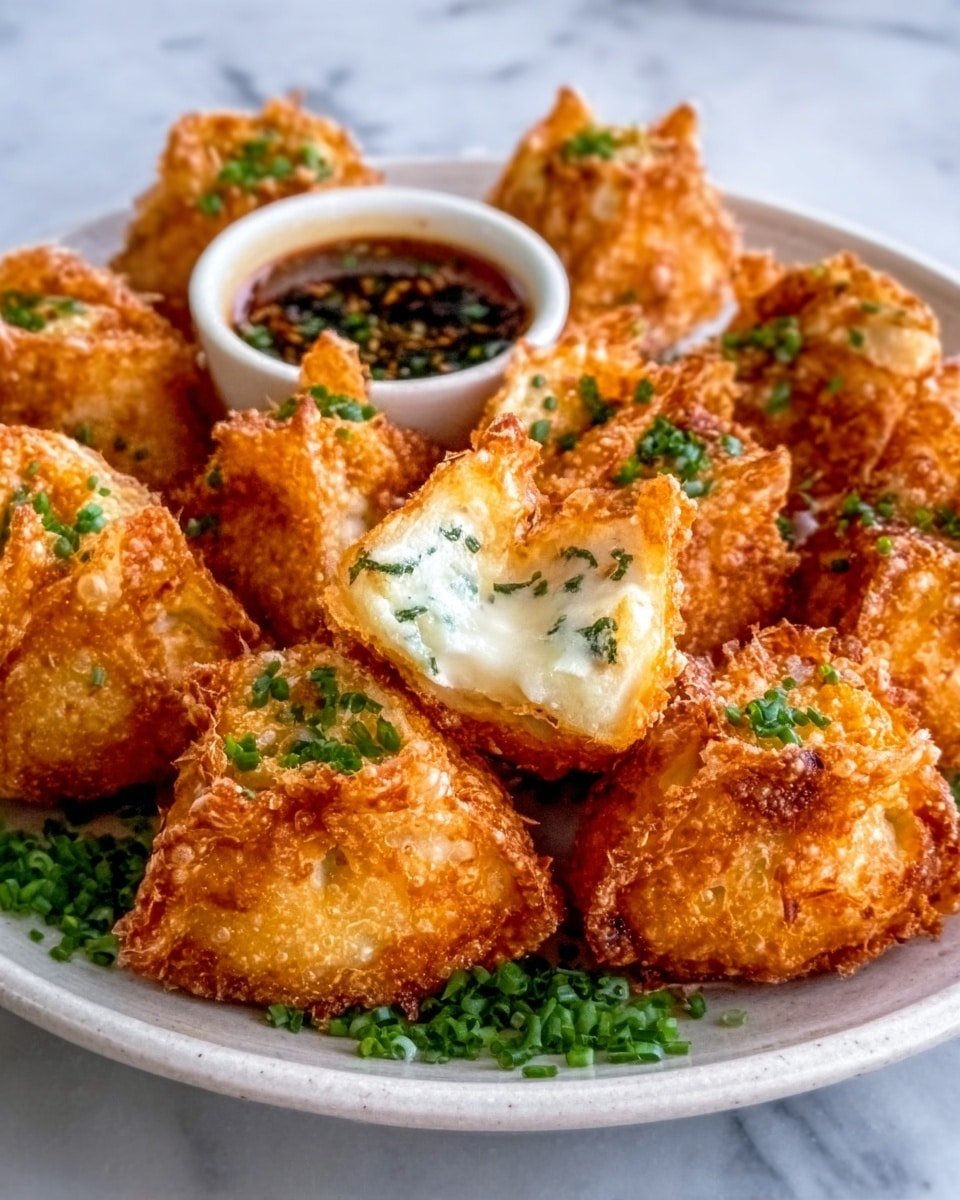 A white plate filled with several golden brown crispy fried dumplings, each having a rough, crispy texture with small green herbs sprinkled on top, one dumpling is cut open showing a soft, creamy white filling inside. In the background, there is a small white bowl containing dark dipping sauce. The plate is placed on a white marbled surface. Photo taken with an iphone --ar 4:5 --v 7