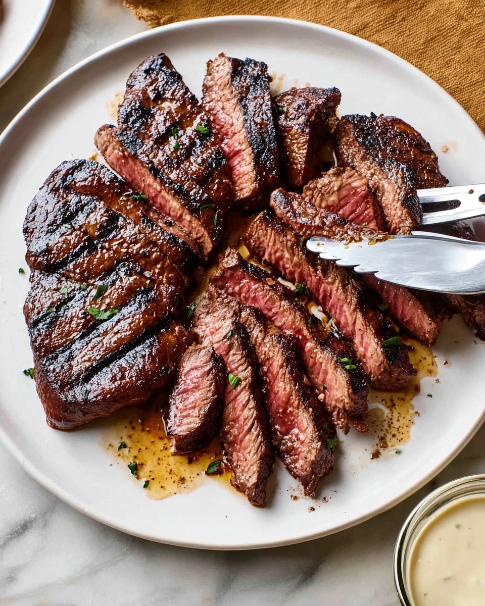 The image shows a white round plate with several slices of grilled steak arranged in one layer, overlapping slightly. The steak slices have a dark charred crust with visible grill marks, while the inside is pink and juicy, showing a medium-rare cook. The texture of the steak looks tender with some meat juices pooling lightly on the surface of the plate. A pair of silver metal tongs is holding one slice at the top right corner of the plate. The plate is placed on a white marbled surface, and there is a small glass container with a creamy sauce to the right. photo taken with an iphone --ar 4:5 --v 7