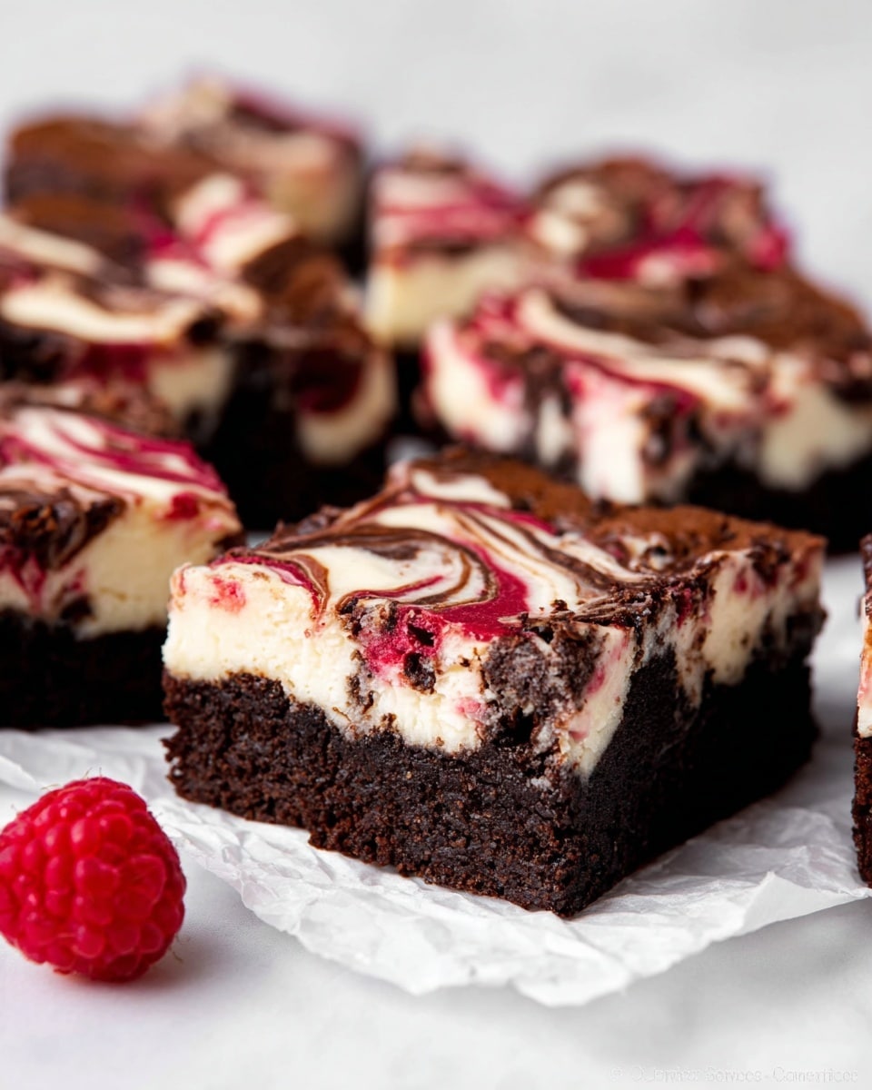 The image shows a close-up of several square-shaped brownies with three visible layers: the bottom layer is dark and dense chocolate brownie, the middle layer appears creamy white cheesecake mixed with dark chocolate crumbs, and the top layer is a swirled pattern combining dark chocolate and bright red raspberry sauce, creating a marbled effect. The brownies rest on a crinkled white paper on a white marbled surface, with a single bright red raspberry placed to the side, adding a pop of color. Photo taken with an iphone --ar 4:5 --v 7
