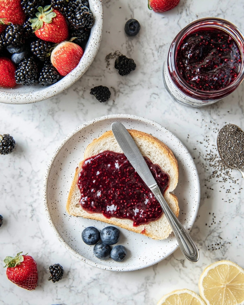 A white slice of bread sits on a small white speckled plate, topped with a thick spread of dark red berry jam that has visible seeds and a glossy texture, with a silver butter knife resting on top partly covered in jam. Below the bread on the plate are three plump blueberries. To the left of the plate is a larger white speckled bowl filled with fresh blueberries, blackberries, whole strawberries, and a halved strawberry, all brightly colored and fresh. Around the scene on a white marbled surface are scattered blackberries, a halved strawberry, loose chia seeds spilling from a silver spoon, and part of a lemon wedge. At the top right is a jar full of the same dark red berry jam, showing its shiny and textured surface. photo taken with an iphone --ar 4:5 --v 7